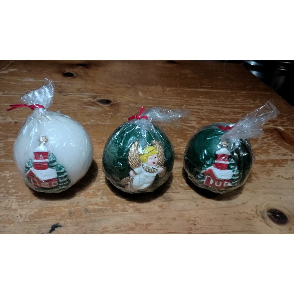 Vintage 3"L Robert Alan Church & Angel Christmas Holiday Round Ball Candles Set